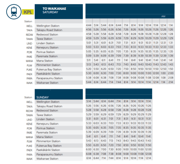 "Evening timetable for Saturday and Sunday, Kāpiti line"