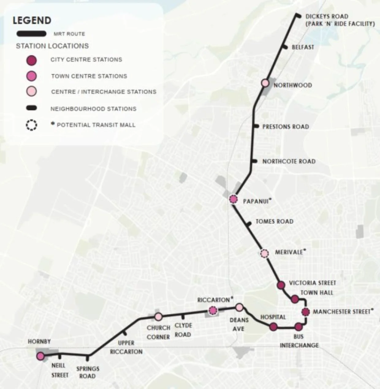 Christchurch's mass rapid transit route with stations as of March 2026.
